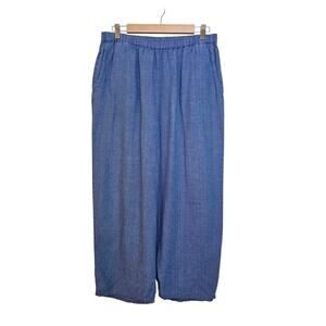 Flax Linen Wide Leg Cropped Blue Lagenlook Boho Coastal Grandma Pants